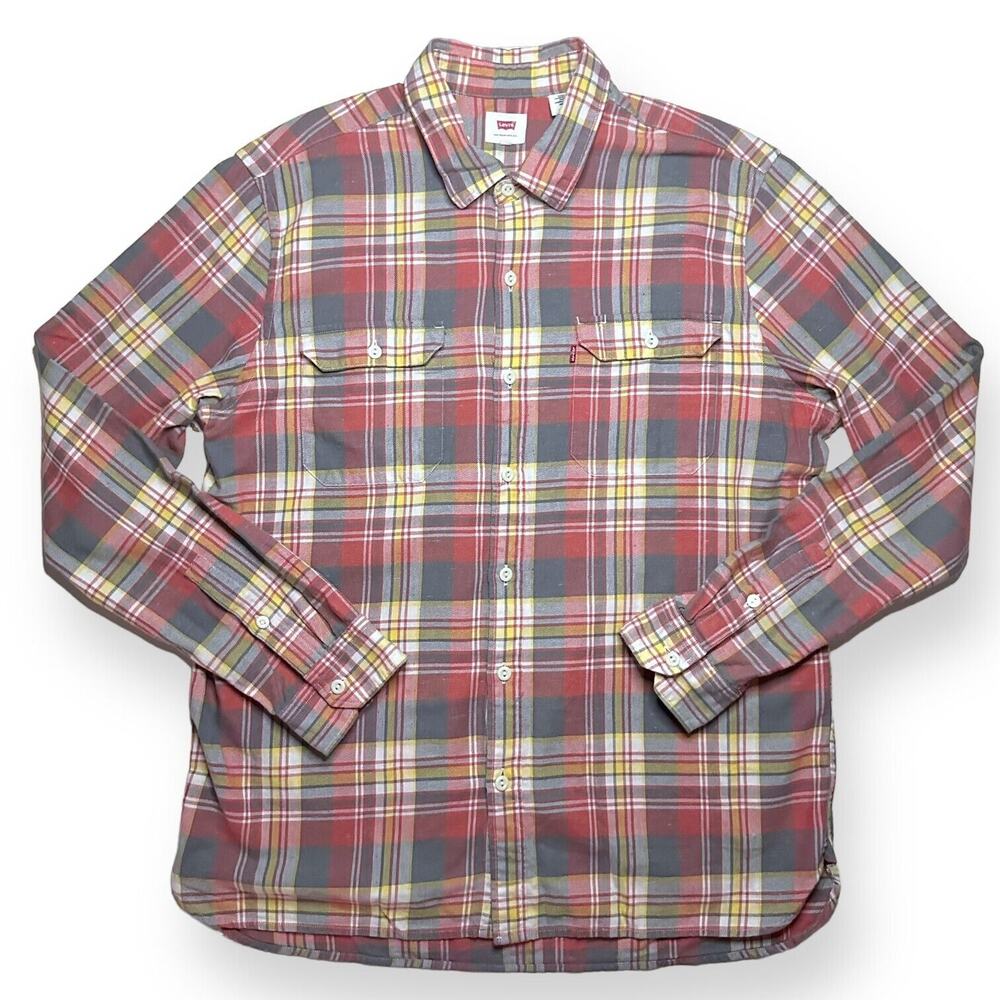 LEVI'S Button Up Shirt Flannel Plaid Check Skateboard Surf Relaxed Red Yellow XL